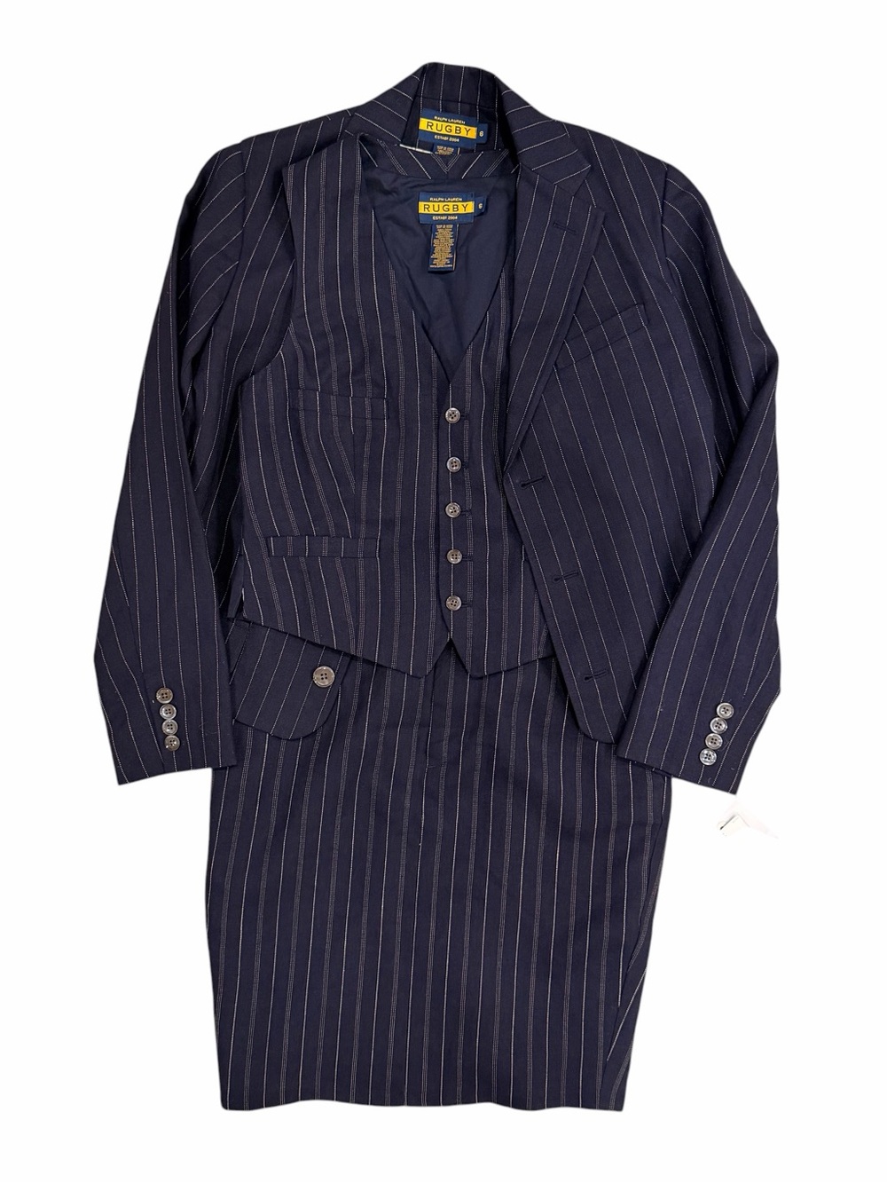 NWT Rugby Ralph Lauren 3-Pc Suit Blazer Vest Skirt Navy Pinstripe 6/4